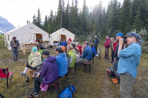 Character of mountaineering legend Conrad Kain. Laurie Schwartz photographs Actor David Thomson performs Conrad Kain play, "As Far As I Can Take You" at Robson Pass camp. Photo by Pat Morrow