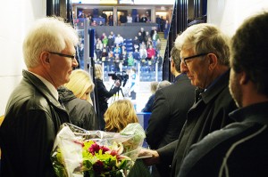 Mayor Wayne Stetski, left, and Coun. Angus Davis, right, represented the city in the centre ice plaque presentation. Ian Cobb/e-KNOW photos