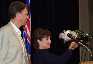 Chamber President Dave Butler presented Premier Clark with several gifts.