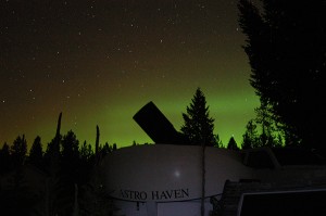 Here's our small Astrohaven telescope dome, with the eerie green glow behind it.  Looking north of course. Photos by Rick Nowell