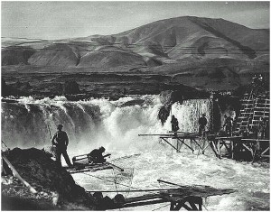 A shot of Celilo Falls, a once legendary salmon fishing locale for Pacific Northwest First Nations residents, was lost in 1957 when The Dalles Dam was completed. Photo from Western Ecology Division/epa.gov