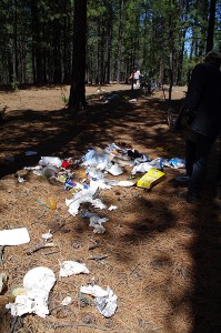 A team of about 20 community volunteers, including regional elected officials Heath Slee (Area B). Dean McKerracher (District of Elkford Mayor) and City of Cranbrook Coun. Bob Whetham cleaned up a trashed site near the Koocanusa Marina following May long weekend 2014. The site of an apparently out-of-control weekend party was despoiled by litter, faces and vandalism. Ian Cobb/e-KNOW images