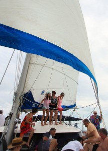 Dancing on the deck of the catamaran.  The snorkelling and the lobster were excellent!.