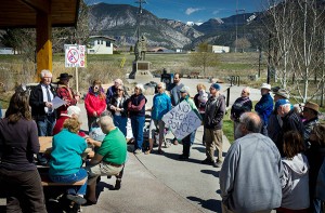 Wayne Stetski addressing canvassers in Invermere who, like Canadians across the country April 18, were gathering signatures on a petition to stop Bill C-51. If you haven’t already sent an email expressing your concern about the 'Secret Police Bill' to our Kootenay-Columbia MP Dave Wilks, please do so at. David.wilks@parl.gc.ca. Photo by Pat Morrow