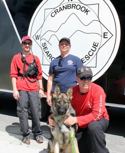 Cranbrook Search & Rescue was on hand at the Fun Run. Pictured are Nick, Moe & Greg with Griff. 