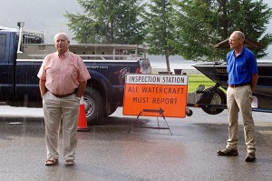 Kootenay East MLA Bill Bennett, left, said he's well aware of the threat posed by invasive mussels, noting how a favourite childhood haunt in Ontario was overrun by them. Right is Columbia Basin Trust board chair Greg Deck, who emceed today's announcement.