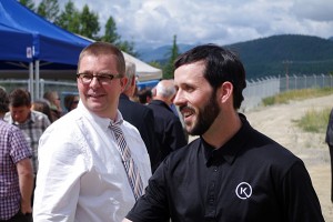 Kimberley CAO Scott Sommerville, left,  and Economic Development Officer Kevin Wilson greet dignitaries as they arrive for the opening of SunMine last month.