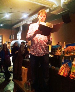 Randy Moody reading from Dr Stephen Arno’s book, a research forester from Montana who states Kimberley has the largest stand of Alpine Larch trees in the entire range of species. Photo by Krista Moody