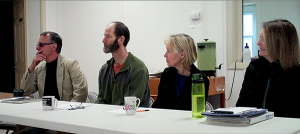 Volunteers listening to Rev. Elizabeth Huether (l to r)  Lee Scott, Dave Hale, Deb Willis, Cyndy Moore.