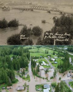 Past and more recent flooding in the Elk Valley. Photo credit is Fernie Historical Society and RDEK.