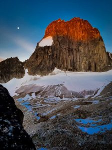 Moonrise over Snowpatch Spire, 2016 Conrad Kain Centennial Society Bugaboos Teens climbing camp, Bugaboo group, Purcell Range, BC. Photo by Tim McAllister