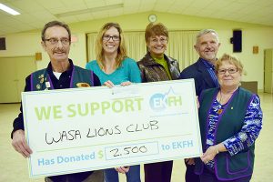 Terry Marvel (l), President, Wasa Lions Club; Cassandra Schwarz, Ex. Director, EKFH; Sharon Prinz, Wasa Lions Club; Brian Clifford, Past President, EKFH; Val Dmytriw (r), Wasa Lions Club. Nowell Berg photo